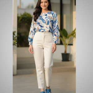 Elegant Printed Top with White Pants Set