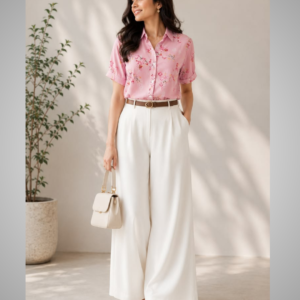 Pink printed shirt white jeans